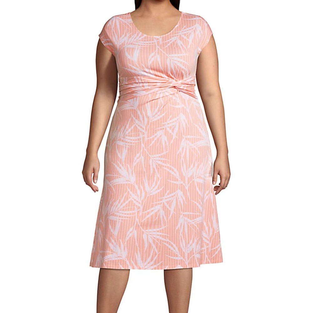 Lands' End Plus Size Cap Sleeve Dress in CRISP PEACH STRIPE PALM - NWOT